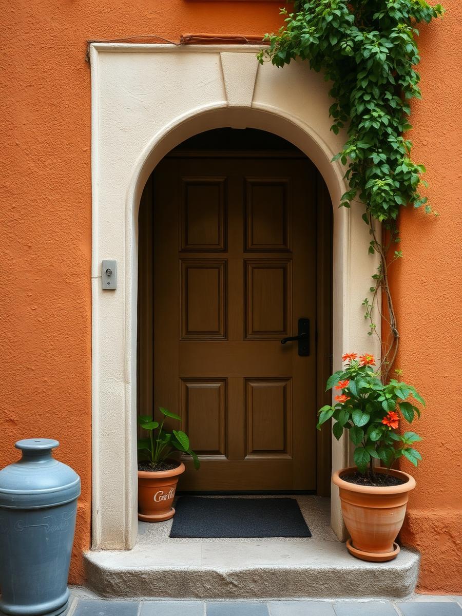 Porta de entrada de uma pequena hospedaria com vasos de plantas