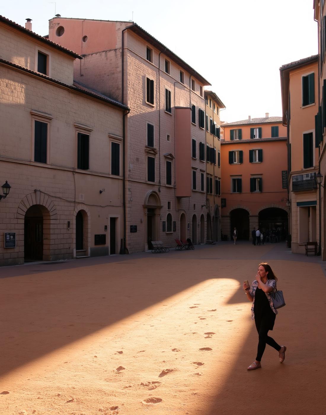 Praça italiana com edifícios de pedra ao entardecer