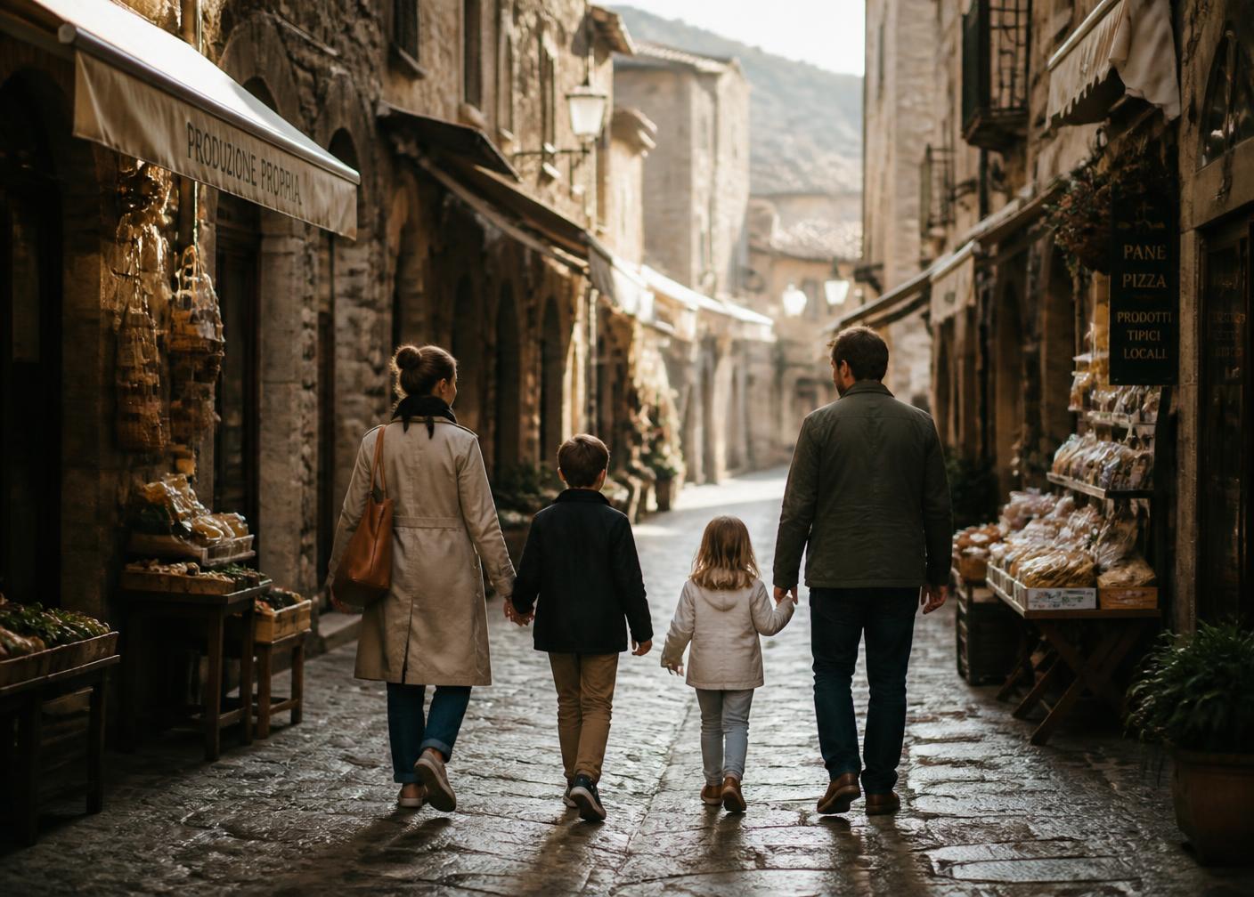 Família caminhando por uma rua antiga de mercado na Europa